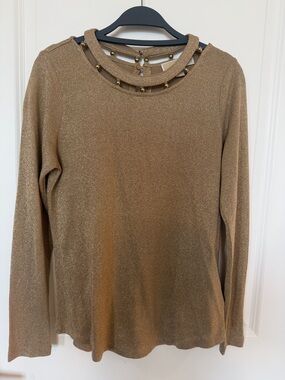Michael Kors Metallic Gold Long-Sleeve Top with Studded Cutout Neckline